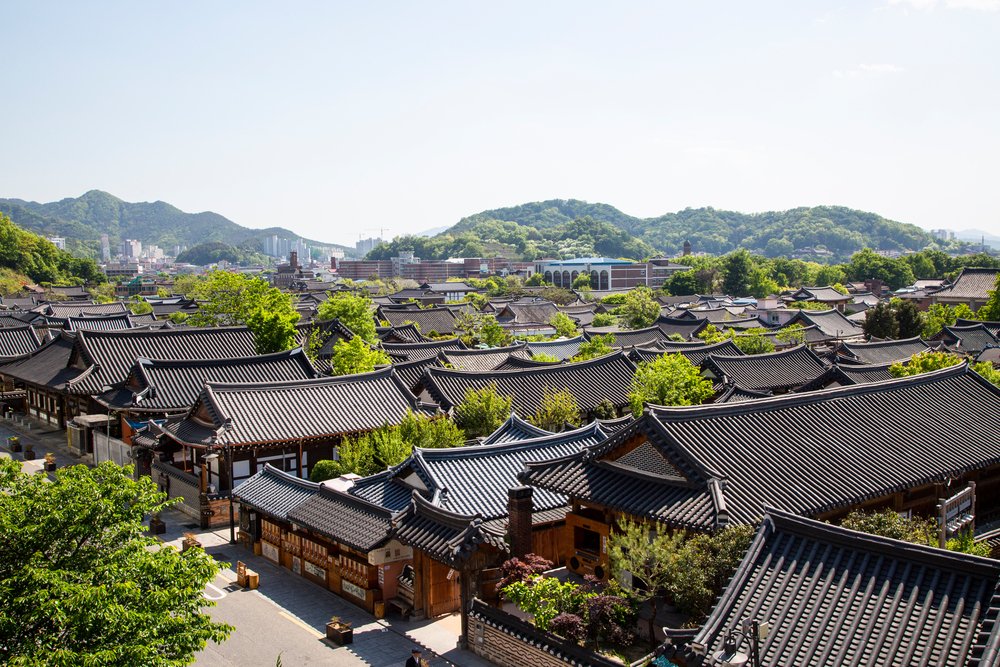 Panoramic view of tiled roofs in Jeonju Hanok Village