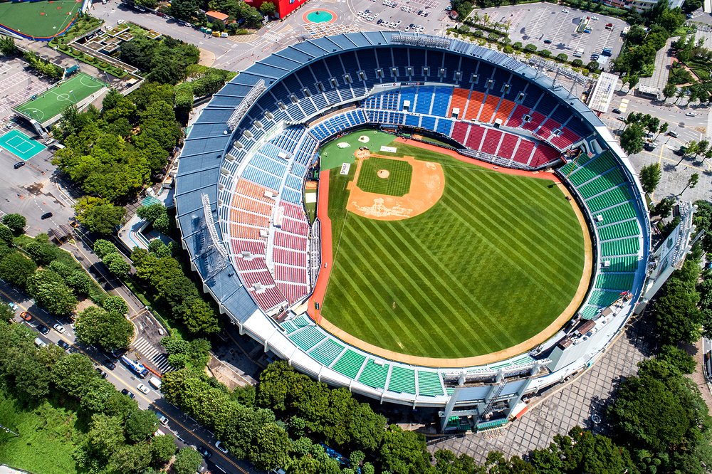 Exterior of Jamsil Baseball Stadium before an evening KBO game in Seoul