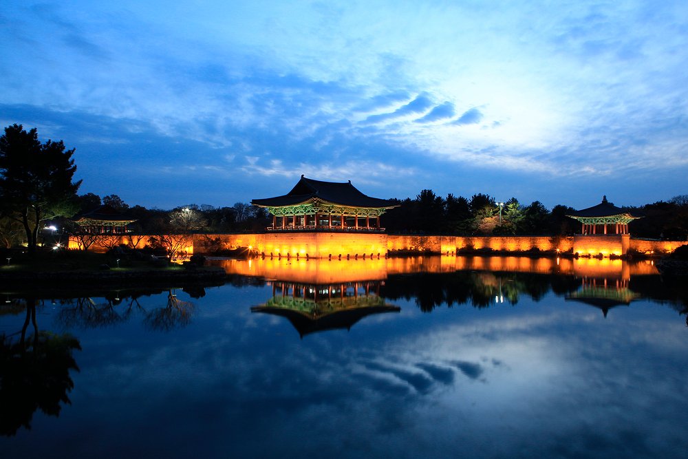Donggung Palace and Wolji Pond illuminated at night in Gyeongju