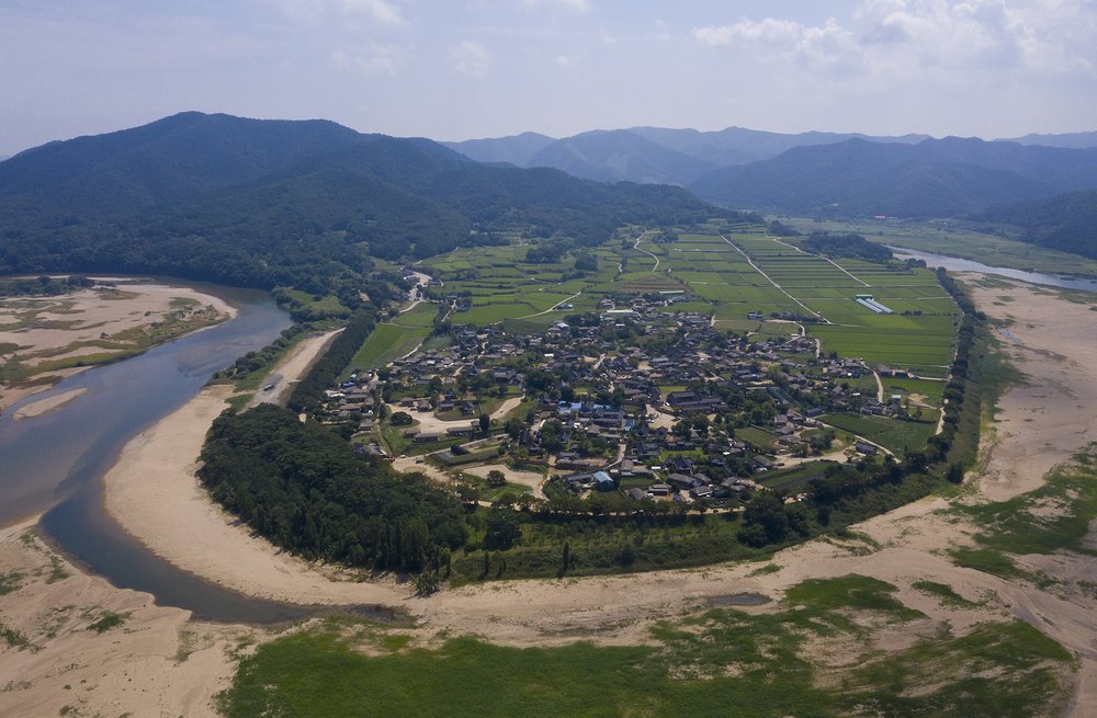 Aerial view of Hahoe Folk Village and the Nakdong River in Andong