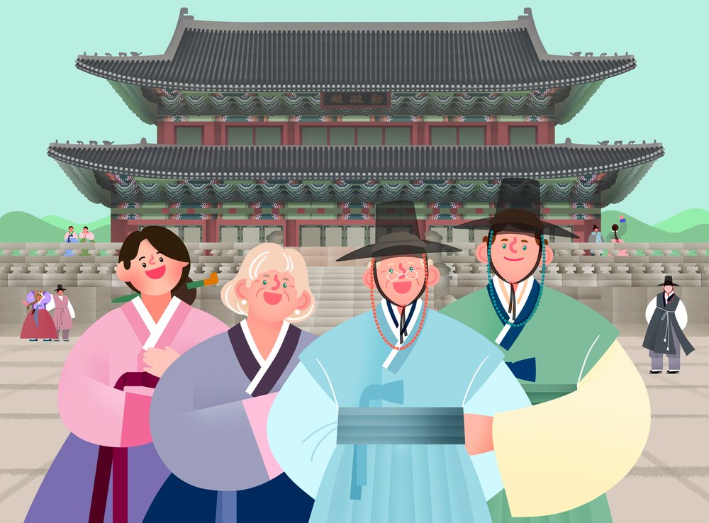 Family wearing hanbok at Gyeongbokgung Palace illustration
